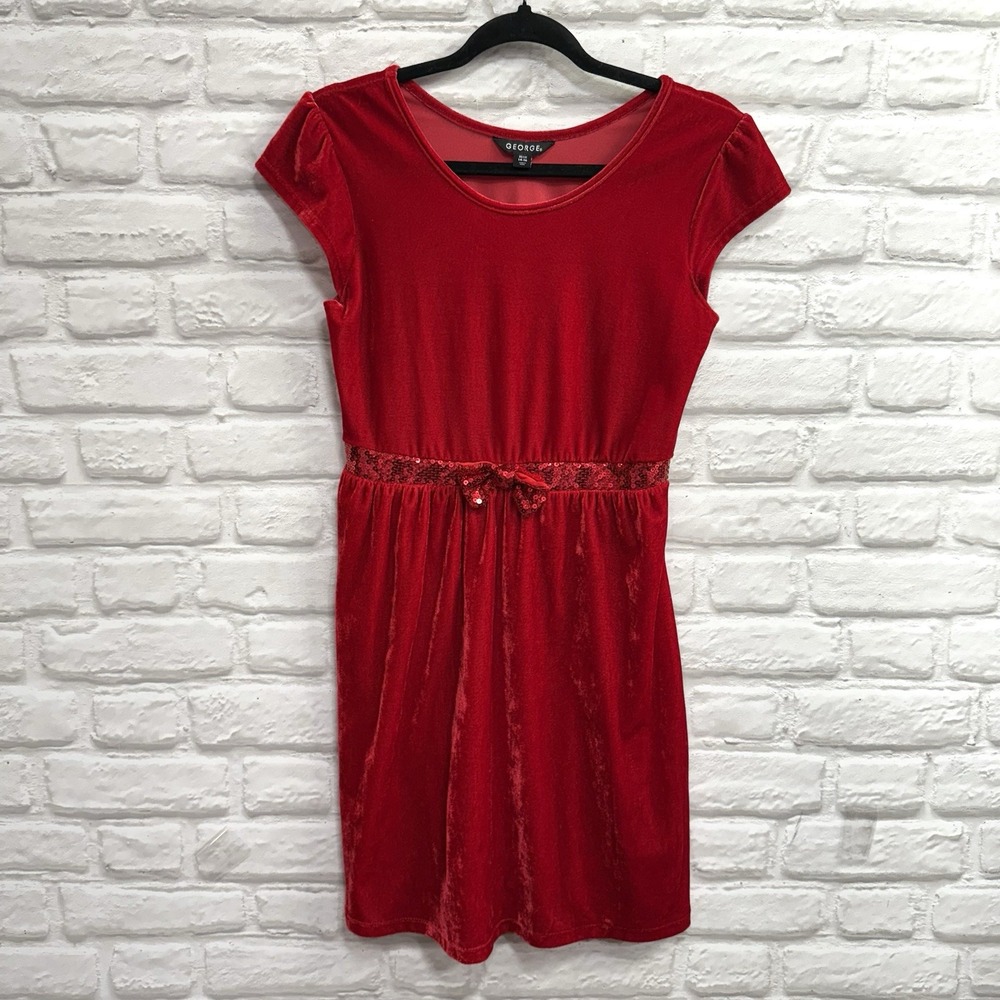 George Girls Sz 14/16 Red Velvet & Sequin Christmas Holiday Dress Formal  w/ Bow